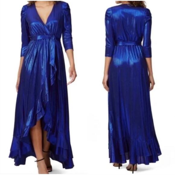 Retrofête Flora Sz Small Metallic Blue Wrap Dress Evening Cocktail High Low - Picture 3 of 15